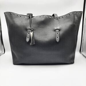 Vince Camuto Areli Noir Black Pebbled Leather Grommet Studded Shopper Tote Bag